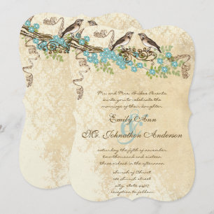Ivory Lace Aqua Blue Blossom Love Bird Weddings Invitation