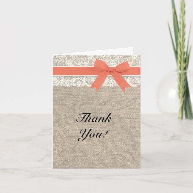 Ivory Lace Burlap and Coral Thank You Card (Front)
