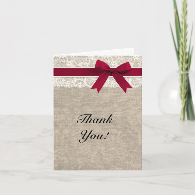Ivory Lace Burlap Look Thank You Card - Red (Front)