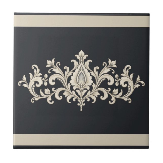 Ivory Lace Damask Custom Colour Frieze Ceramic Tile (Original charcoal & warm ivory palette. Background and both bands can be personalized.)