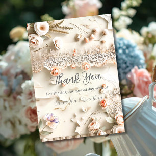 Ivory Lace Floral Photo Spring Flat Thank You Card