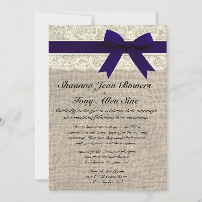 Ivory Lace Navy Blue Burlap Wedding Reception Invitation (Front)