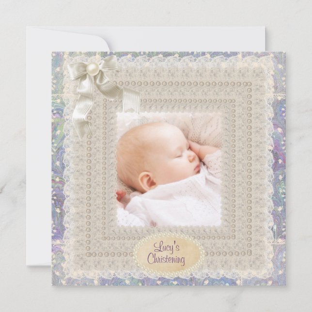 Ivory Lace Pearls Pink Purple Girls Photo Christen Invitation (Front)