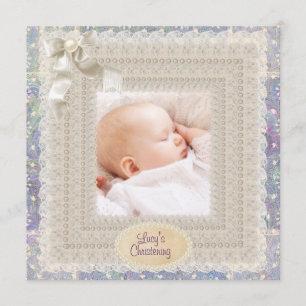 Ivory Lace Pearls Pink Purple Girls Photo Christen Invitation