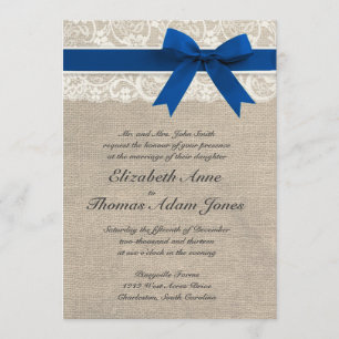 Ivory Lace Royal Blue Burlap Wedding Invitation
