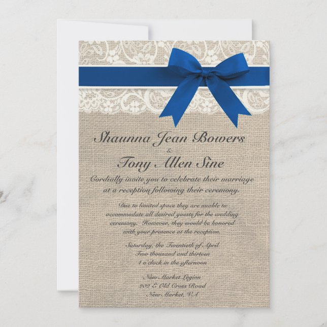 Ivory Lace Royal Blue Burlap Wedding Reception Invitation (Front)