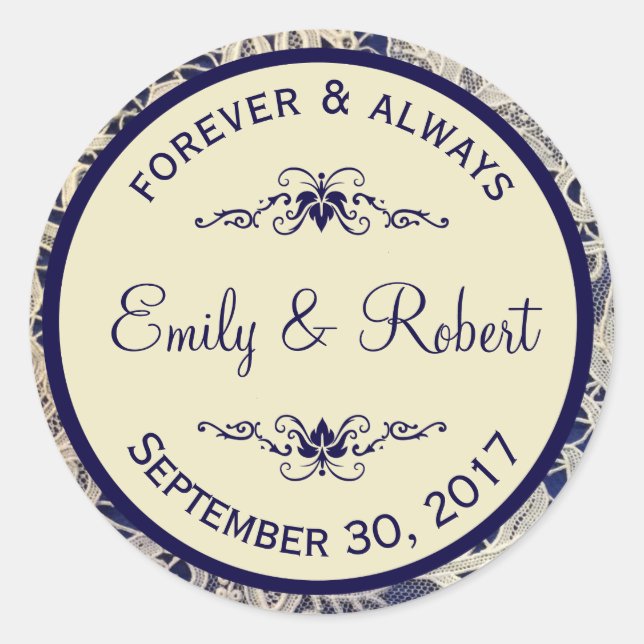 Ivory Lace Royal Navy Blue Formal Wedding Classic Round Sticker (Front)