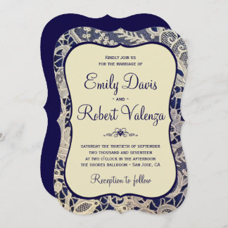Ivory Lace Royal Navy Blue Modern Formal Wedding Invitation