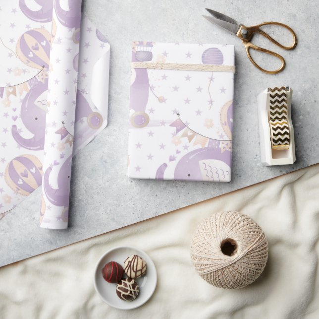 Ivory Lavender Elephant Balloon Baby Girl Shower Wrapping Paper (Crafts)