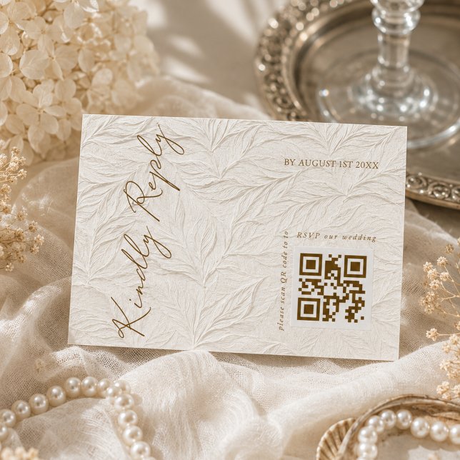 Ivory Leaves Elegant Wedding QR code  RSVP Card (Creator Uploaded)