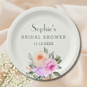 Ivory Lilac Pink Roses Floral Bridal Shower Paper Plate