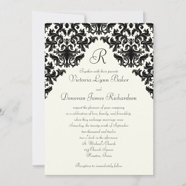 Ivory Linen and Black Damask Monogrammed Invite (Front)