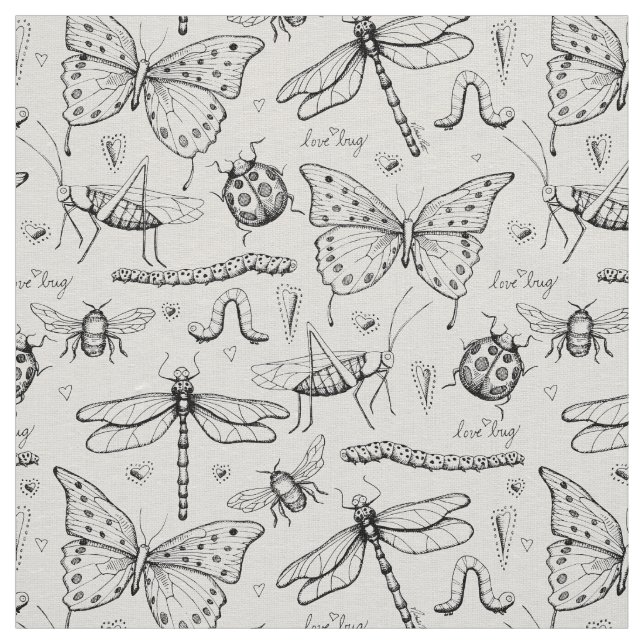 Ivory Linen Elegant Insects Illustration Pattern Fabric (Swatch)
