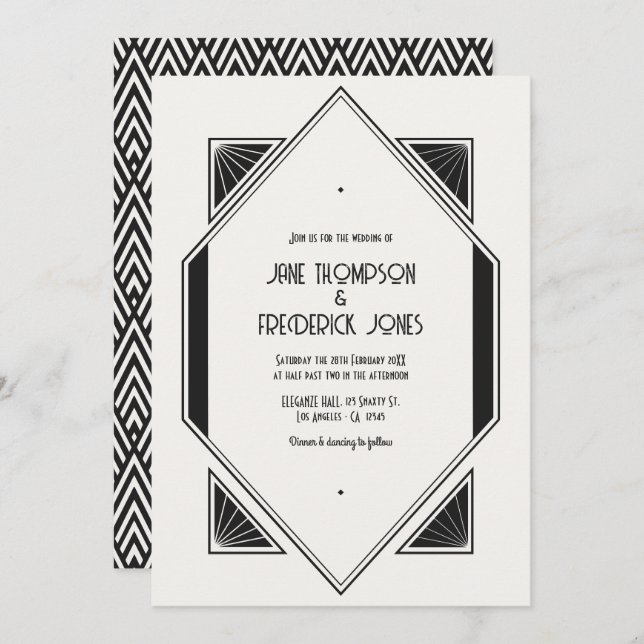Ivory Linen & Jet Black Art Deco Wedding Photo Invitation (Front/Back)