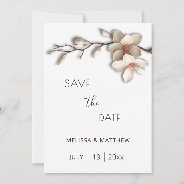 Ivory Magnolia 3D Flowers Save The Date (Front)