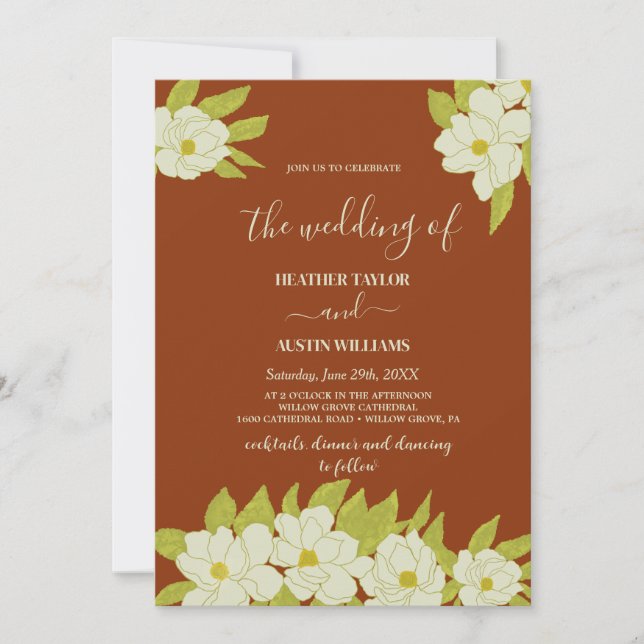 Ivory Magnolia Flower Rusty Wedding  Invitation (Front)
