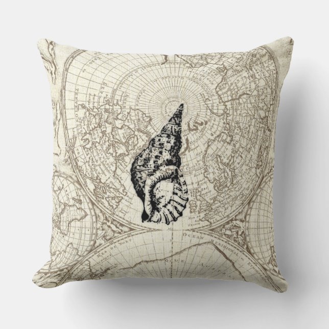 Ivory Map and SeaShell Illustration Sealife Cushion (Front)