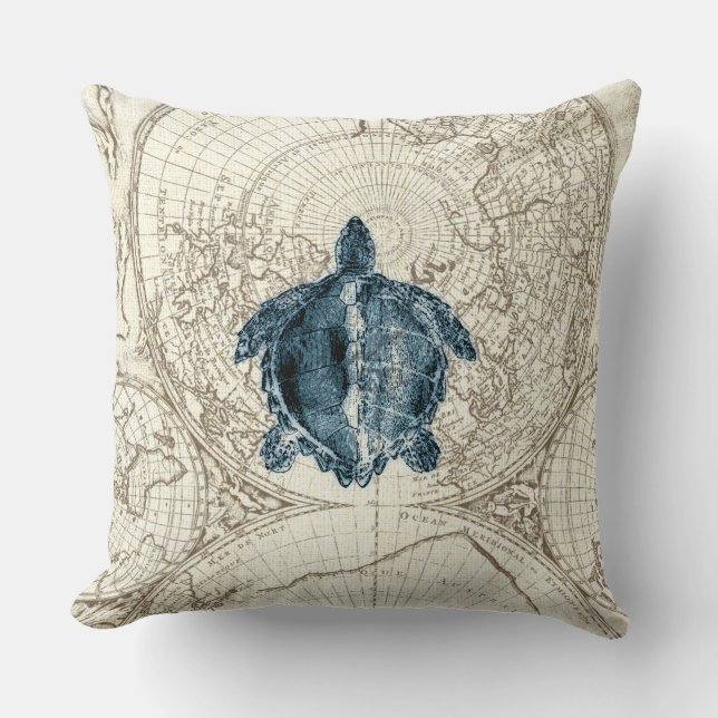 Ivory Map Blue Turtle Illustration Sealife Cushion (Front)