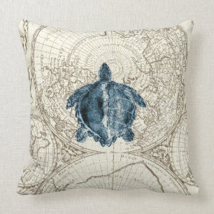 Ivory Map Blue Turtle Illustration Sealife Cushion