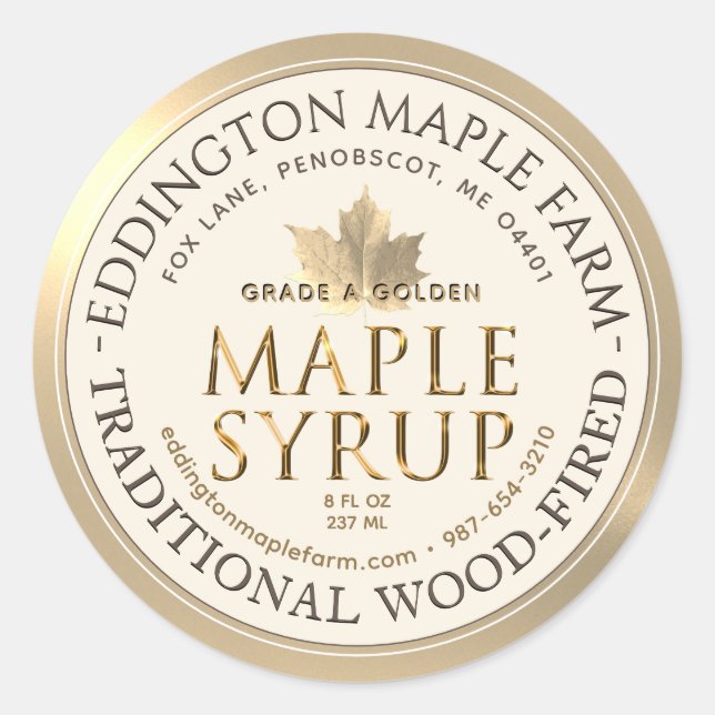 Ivory Maple Syrup Gold Maple Leaf Gold Border  Classic Round Sticker (Front)