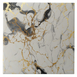 Ivory Marble Effect with Black and Gold Veins Ceramic Tile