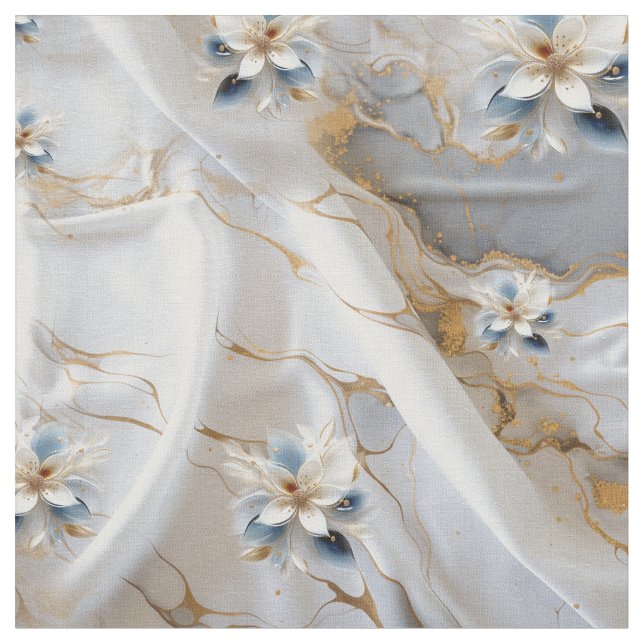 Ivory Marble Silk & Soft Light Blue Flowers Fabric (Close Up)