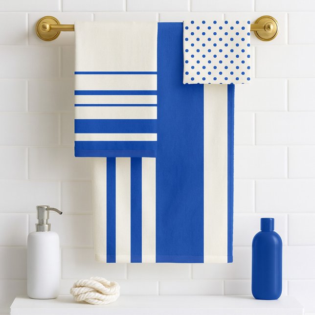Ivory Marine Blue Stripes Polka Dots Bath Towel Set (A classic bathroom towel set in ivory and marine blue with stripes and polka dots)