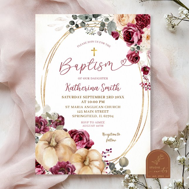 Ivory Marsala Pumpkin Baptism Invitation (Creator Uploaded)