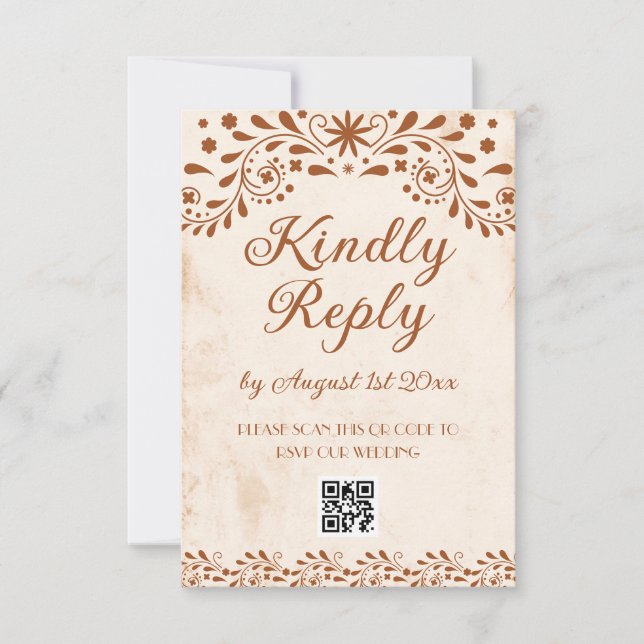 Ivory Mexican Floral Wedding QR code RSVP Card (Front)