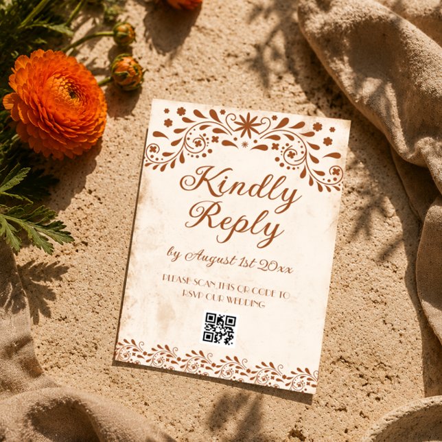 Ivory Mexican Floral Wedding QR code RSVP Card (Creator Uploaded)