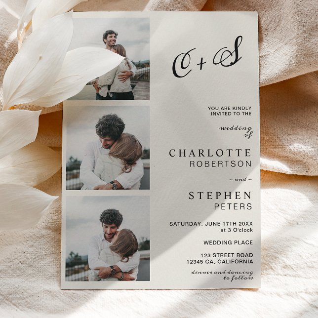 Ivory minimalist casual initials photo wedding invitation (Creator Uploaded)