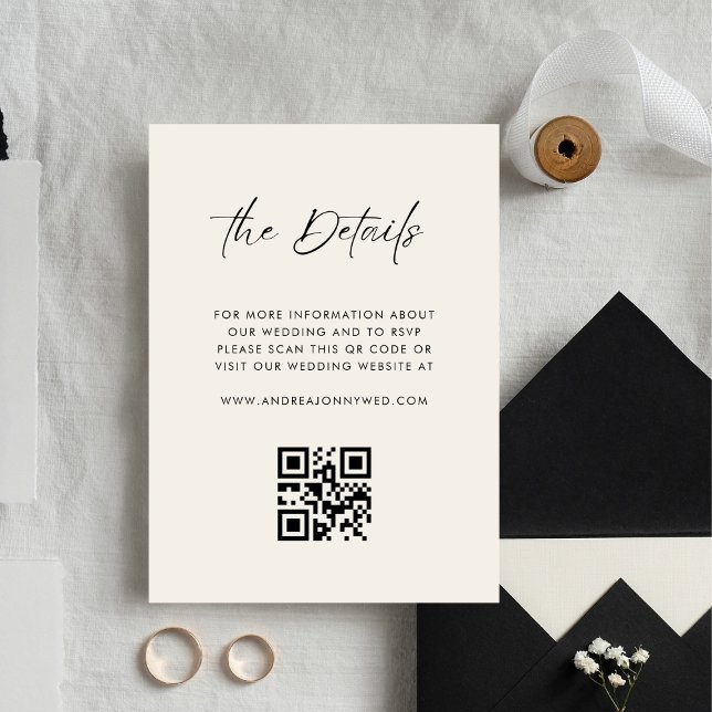 Ivory Modern Script QR Code Simple Wedding Details Enclosure Card (Creator Uploaded)