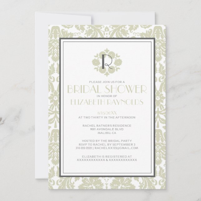 Ivory Monogram Damask Bridal Shower Invitations (Front)