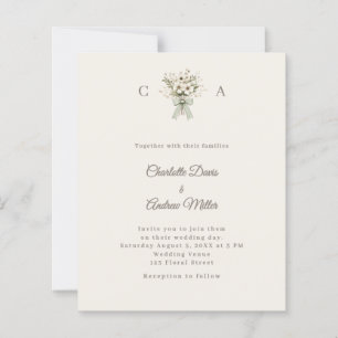 Ivory monogrammed floral green wedding invitation