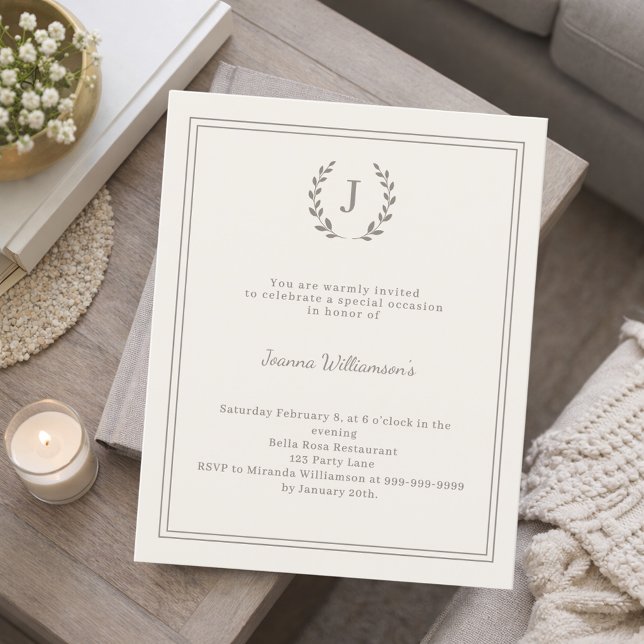 Ivory monogrammed milestone age-neutral invitation (Creator Uploaded)