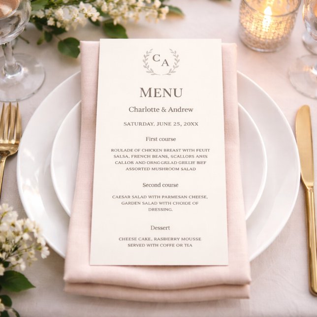 Ivory monogrammed wreath classic dinner wedding menu (Creator Uploaded)