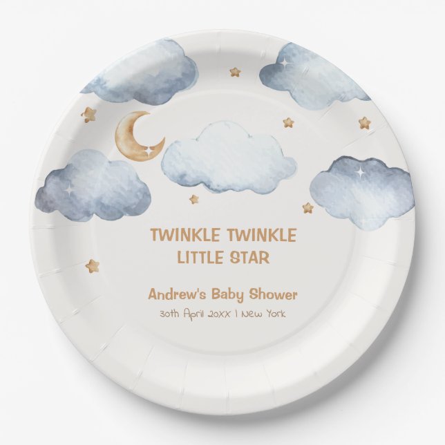 Ivory Moon Stars Twinkle Boy Baby Shower Paper Plate (Front)