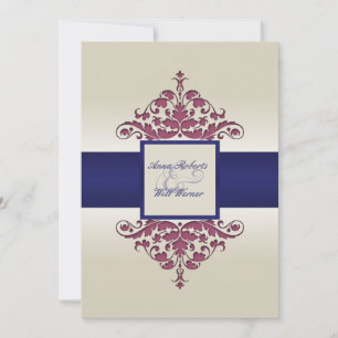 Ivory Navy and Wine Damask Wedding Invitation