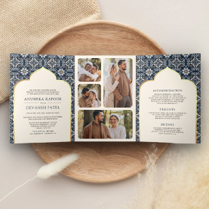 Ivory Navy Blue Pattern All in One Indian Wedding Tri-Fold Invitation