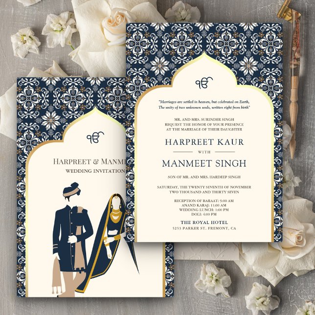 Ivory Navy Blue Pattern Anand Karaj Sikh Wedding Invitation (Creator Uploaded)