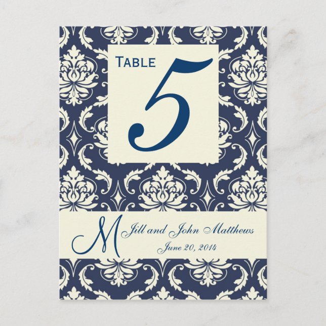 Ivory Navy Damask Wedding Table Number Postcard (Front)