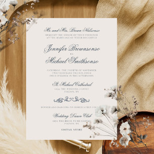 Ivory Navy Old Style Wedding Invitation