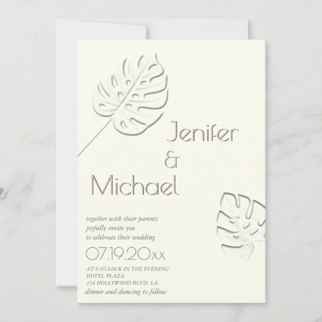 Ivory neutral embossed tropical leaf all in one  invitation (Front)