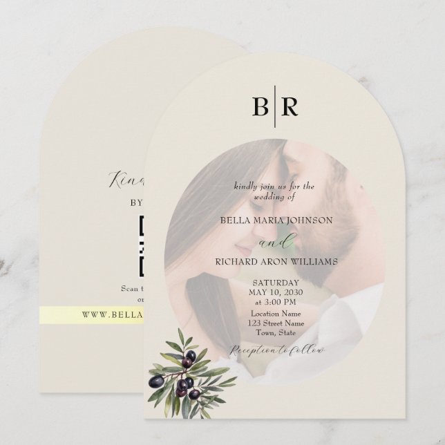 Ivory Olive Arched Photo Monogram Wedding Invitation (Front/Back)