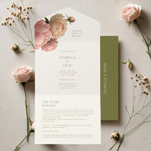 Ivory & Olive Blush Rose Wedding All In One Invitation