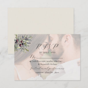 Ivory Olive Monogram Photo Wedding RSVP Card
