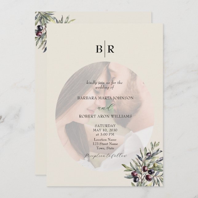 Ivory Olive Photo Monogram Wedding Invitation (Front/Back)