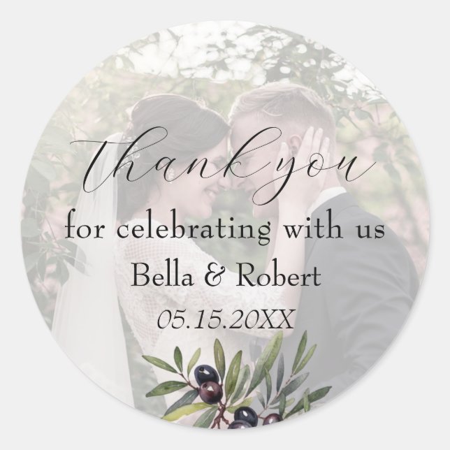 Ivory Olive Photo Wedding Thank You Classic Round Sticker (Front)