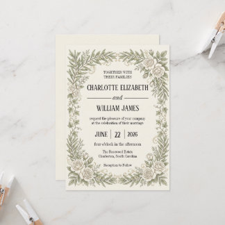 Ivory Olive Rose Border Wedding Invitation