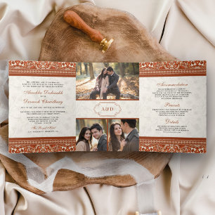 Ivory Orange Border All in One Indian Wedding Tri-Fold Invitation
